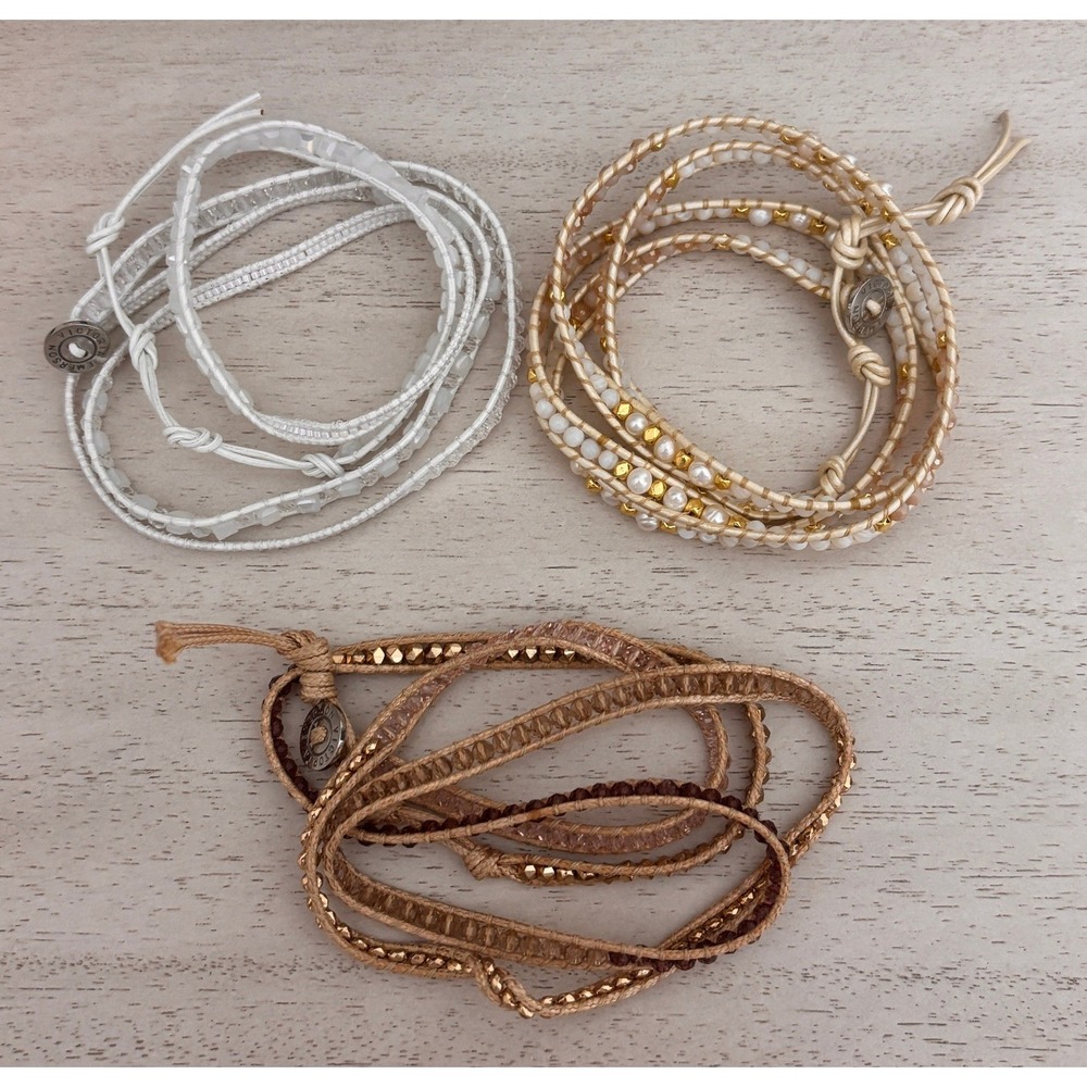 Victoria Emerson Boho Wrap Bracelet Bundle White Pearl Crystal Tan Gold Set of 3